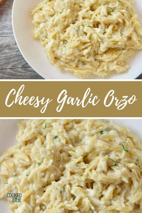 Orzo Recipes Cheesy, Creamy Cheesy Orzo, Cheesy Orzo Pasta, Cheesy Orzo Recipes, Orzo Side Dish Recipes, Cheesy Rice Side Dish, Creamy Garlic Orzo, Easy Orzo Recipes, Orzo Side Dish