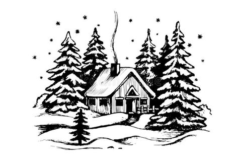 Wooden house in the winter forest. Panoramic idyllic landscape with cabin. Vector black and white sketch. Snow landscape with house stock illustration Snow Forest Tattoo, Cabin Tattoo, Landscape With House, Forest Vector, Christmas Window Painting, Winter Drawings, Forest Drawing, Drawing Christmas, Snow Landscape