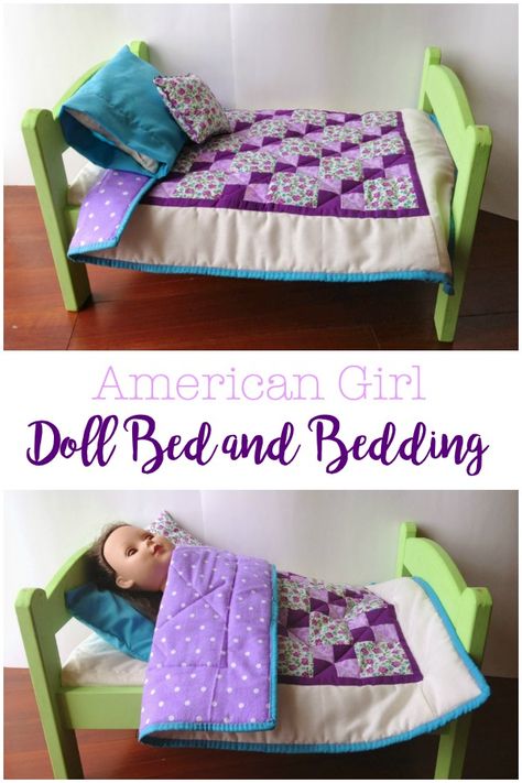 Doll Bed and Bedding Set, Painted wooden doll bed from Ikea, tutorial to make mattress, quilt, and pillows Diy Doll Bed Wood, Diy Doll Bedding, Doll Blankets To Sew, Diy Baby Doll Bed, Diy Doll Bed, Bed End Tables, Doll Bed Diy, Doll Blankets, American Girl Doll Bed