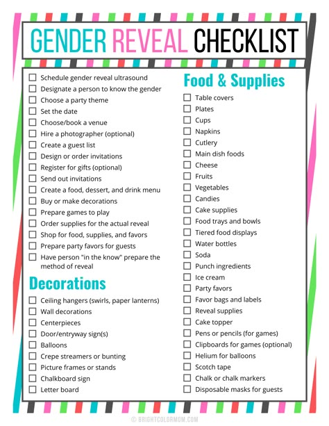 gender reveal checklist with long list of items for planning the party, including steps for planning the vent, decorations to get, and other food and supplies needed Gender Reveal Checklist, Foto Gender Reveal, Checklist Ideas, Gender Reveal Ultrasound, Gender Reveal Party Food, Gender Reveal Diy, Simple Gender Reveal, Creative Gender Reveals, Gender Reveal Baby Shower Themes