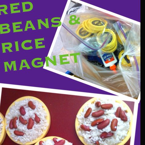 RED BEANS AND RICE MAGNET...Louisiana/Mardi Gras themed craft for kids and teachers! 1. Collect lids off small plastic containers and attach magnet to the back (Blue Bell ice cream tops shown in pic). 2. Mix uncooked rice and Elmer's glue in a bowl and scoop onto the top of the lid.  3. Add some dry red beans and Bon Appetite! Louisiana Crafts For Kids, Louisiana Crafts, Summer Daycare, Mardi Gras Activities, Blue Bell Ice Cream, Louisiana Mardi Gras, Today Is Monday, Fruit Crafts, Small Plastic Containers