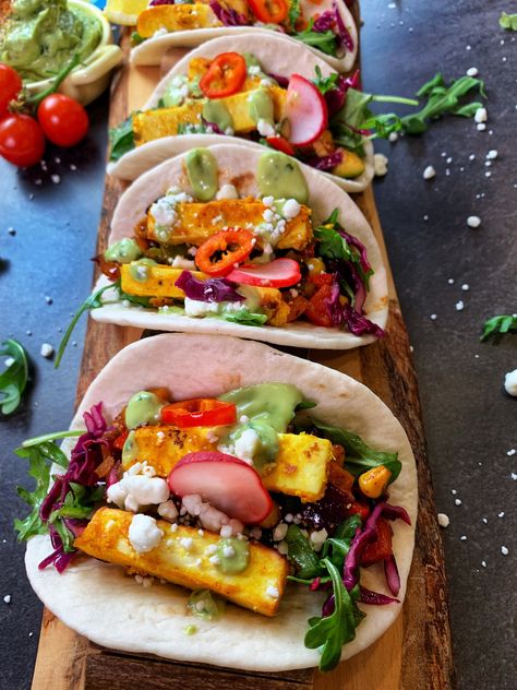 Tandoori Tacos with Avocado Crema – Naturally Nidhi Veg Starters, Pies Savory, Fusion Desserts, Indian Tacos, Tandoori Paneer, Tacos With Avocado, Fusion Recipes, Paneer Dishes, Indian Meal