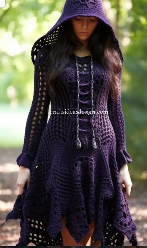 Hooded Cloak Pattern, Witchy Crochet, Dress With A Hood, Crochet Coat Pattern, Crochet Cape Pattern, Fairycore Fashion, Vintage Crochet Dresses, Hood Ideas, Fairycore Dress