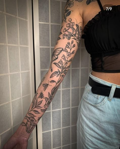 Floral Tattoo Design Arm Sleeve, Soft Feminine Sleeve Tattoo, Creative Arm Sleeve Tattoos For Women, Arm To Wrist Tattoo, Linework Sleeve Women, Flower Sticker Sleeve Tattoo, Tattoo Ideas Floral Sleeve, Hippy Tattoo Sleeve, Elegant Tattoos Sleeve