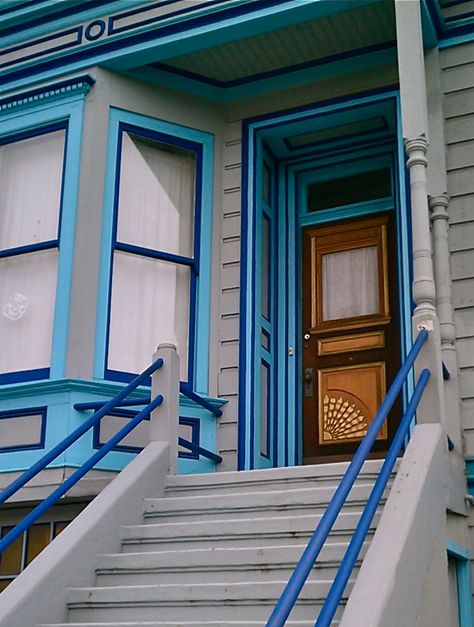 Turquoise and cobalt house trim, San Francisco Bernal Heights neighborhood White Home Exterior, House Trim, Trim Color, Lake Life, White Houses, Cobalt Blue, Cobalt, House Colors, Outdoor Spaces