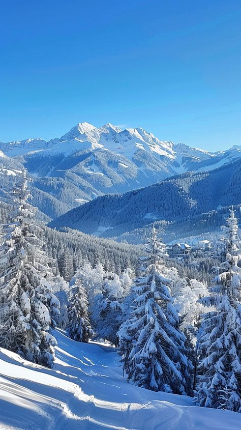 Winter Mountain Splendor: Breathtaking winter scenery showcasing snow-covered trees and majestic mountains under the clear blue sky. #winter #mountains #snow #trees #blue sky #aiart #aiphoto #stockcake ⬇️ Download and 📝 Prompt 👉 https://ayr.app/l/KPDB Scenery Mountain Landscapes, Early Winter Aesthetic, Winter Time Aesthetic, Winter Nature Wallpaper, Winter Aesthetic Blue, Winter Blue Aesthetic, Snowy Mountains Aesthetic, Mountain View Aesthetic, Blue Aesthetic Winter