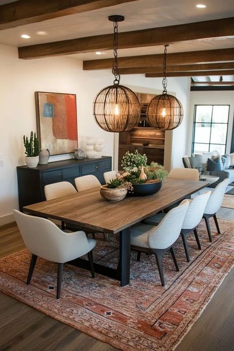 Modern Farmhouse Style Dining Room, Modern Rustic Dining Room Decor, Modern Farmhouse Living And Dining Room, Rustic Modern Dining Room Ideas, Farmhouse Industrial Dining Room, Full Dining Room Design, Mixed Woods In Dining Room, Rustic Country Dining Room Ideas, Rustic Cottage Dining Room