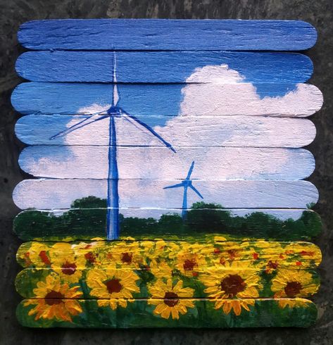 Windmill in the sunflower fields....| ice cream stick painting ideas | Popsicle stick art Ice Stick Painting, Popsicle Stick Drawing, Windmill Painting Ideas, Diy Bookmarks Ice Cream Sticks, Drawing On Ice Cream Stick, Painting Popsicle Sticks, Painting On Popsicle Sticks, Ice Cream Stick Drawing, Icecream Sticks Diy