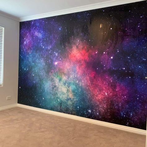 Galaxy Wall Bedroom, Galaxy Wall Design, Galaxy Ceiling Diy Bedroom, Bedroom Galaxy Theme, Galaxy Bedroom Wall, Galaxy Wall Bedroom Ideas, Galaxy Walls Bedroom, Galaxy Room Painting Ideas, Galaxy Wall Mural Diy