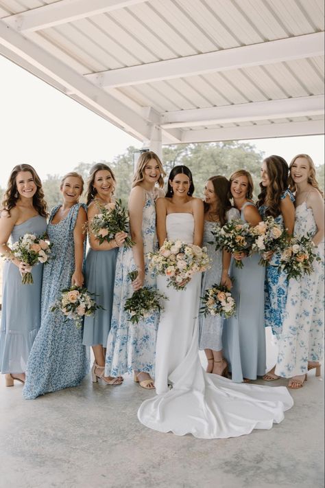 Same Colour Different Dress Bridesmaids, Something Blue Wedding Bridesmaids, Light Blue And White Bridesmaid Dresses, Floral Mix Match Bridesmaid Dresses, Light Blue Mixed Bridesmaid Dresses, All Blue Wedding Party, Different Color Blue Bridesmaid Dresses, Wedding Different Bridesmaid Dresses, Light Blue Wedding Theme Bridesmaid Dress