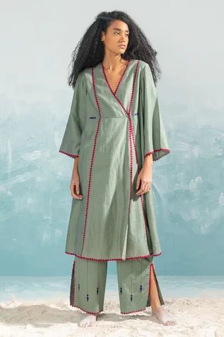 Shop for Ikai Green Cotton Silk Chanderi Nile Wrap Overlap Tunic for Women Online at Aza Fashions Cotton Tunics For Women, Women Shirt Designs, Stylish Kurtis Design, Anarkali Dress Pattern, Simple Kurta Designs, Pant For Women, Kurta Neck Design, Kurta Designs Women, Cotton Embroidery