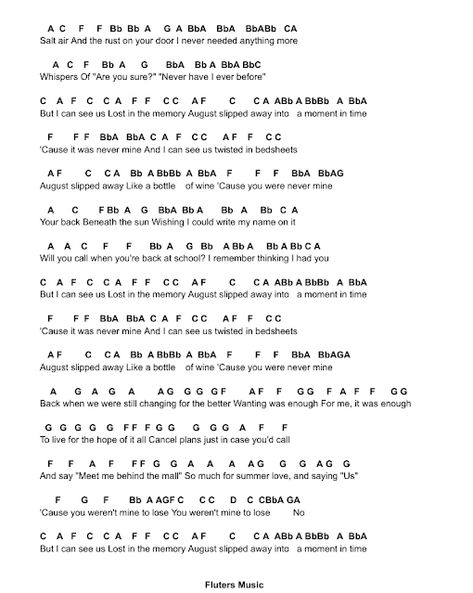 Flute Sheet Music: August - Taylor Swift Taylor Swift Piano Sheet Music Easy Letters, Piano Notes Taylor Swift, Taylor Swift Piano Sheet Music Easy, Taylor Swift Notes, Piano Taylor Swift, Taylor Swift Piano, Pop Piano Sheet Music, Piano Music With Letters, Piano Sheet Music Letters