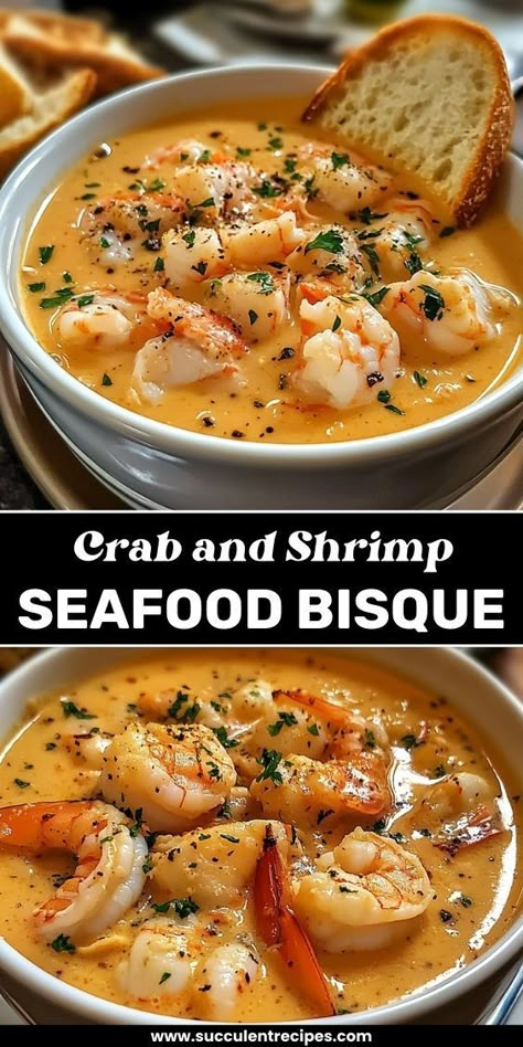 A creamy, velvety bisque packed with sweet crab and succulent shrimp—perfect for a cozy dinner or special occasion. Crab And Shrimp Seafood Bisque, Seafood Bisque Recipe, Bisque Soup Recipes, Shrimp Bisque, Crab And Shrimp, Bisque Soup, Seafood Bisque, Seafood Dish Recipes, Bisque Recipe