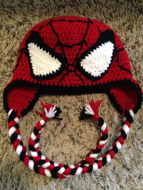 Aiden's Spider-Man hat Spiderverse Crochet Hat, Crochet Spider Man Beanie, Spider Man Crochet Hat, Spider Man Hat, Crochet Bucket Hat Free Pattern, Spiderman Hat, Crochet Character Hats, Crochet Beanies, Crochet Mask