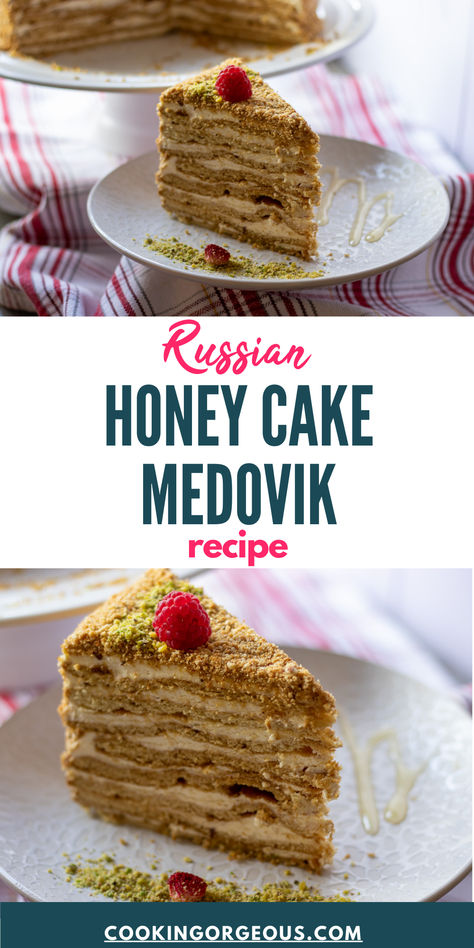 Layered cake made with 8 crispy honey cake layers sandwiched between tangy sour cream frosting. Russian Honey Cake Recipe, Medovik Cake, Dinner Ideas For Guests, Unique Cheesecake Recipes, Unique Cheesecake, Best Homemade Brownies, Baking Recipes For Beginners, Easy Baking Recipe, Russian Honey Cake