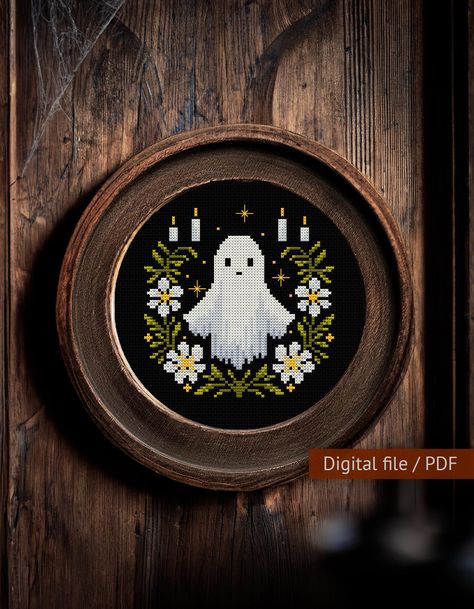 This is a digital product. It does not contain any physical items. Immediately after payment, you will be able to download a PDF file with pattern for cross-stitch. Bring some funny vibes to your Halloween projects with this Ghost cross stitch pattern. The scary embroidery design, paired with a funny twist, makes this ghost cross stitch ideal for Halloween. Each pattern is approximately the same size:  69x68 crosses Size Aida 18: 9.7 x 9.6cm / 3.8 x 3.8in A total of 7 colors of DMC threads are u Scary Cross Stitch, Spooky Cross Stitch, Ghost Cross Stitch, Cross Stitch Halloween, Halloween Cross Stitch, Unique Cross Stitch, Stitch Halloween, Halloween Cross Stitch Patterns, Halloween Cross Stitches