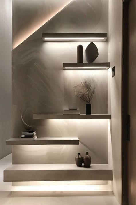 A corner with glowing floating shelves carrying books and subtle decor elements for a touch of elegance. Floating Shelf Ideas, Floating Shelves With Lights, Decorating Shelves, Empty Wall, To The Rescue, Shelf Design, Floating Shelf, Shelf Ideas, Dream House Decor