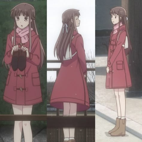 tohru honda - red coat and pink scarf outfit Tohru Honda Clothes, Tohru Honda Inspired Outfits, Tohru Honda Hairstyles, Tohru Honda Outfit Ideas, Tohru Honda Manga, Tohru Honda Outfit, Tohru Honda Aesthetic, Shojo Outfits, Toru Honda