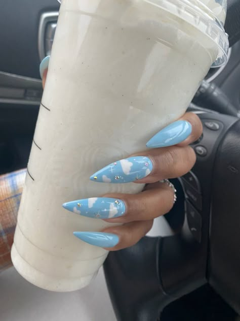 Blue Sky Nails Art Designs, Blue Nails With Clouds, Baby Blue Stiletto Nails, Cloud Nails Acrylic, Blue Cloud Nails, Nails With Clouds, Cloud Nail Designs, Blue Stiletto Nails, Cloud Nails