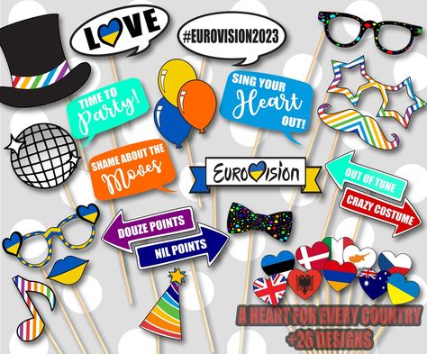 PRINT AT HOME Eurovision 2023 Party Props - Etsy Ireland Eurovision Party Ideas, Silly Selfies, Eurovision Party, 2023 Party, Eurovision 2023, Photobooth Props, Crazy Costumes, Pinterest Contest, Heart Party