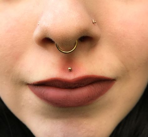 Medusa Piercing Small Lips, Septum Philtrum Piercing, Spectrum Piercing, Medusa Piercing Jewelry Simple, Septum Piercing Flipped Up, Labret Hoop Piercing Lips, Medusa Piercing Jewelry Philtrum, Orr Piercing, Inner Ear Piercing