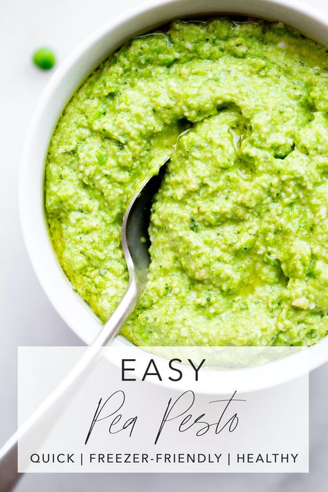 This Easy Pea Pesto is simple and delicious — not to mention fast, budget-friendly, kid-friendly, and a breeze to freeze! Easily vegan and great over whole grain pasta for a no-fuss meal packed with healthy fats, plant-based protein, and fiber. Make a batch (or two!) and freeze for a quick and healthy meal in the future. | modernminimalism.com Butternut Squash Pasta Sauce Recipe, Pea And Pesto Pasta, Vegan Green Pea Soup, Peas Pesto, Pea Soup Vegan Recipe, Squash Pasta Sauce, Whole Grain Pasta, Delicious Sauces, Butternut Squash Pasta Sauce