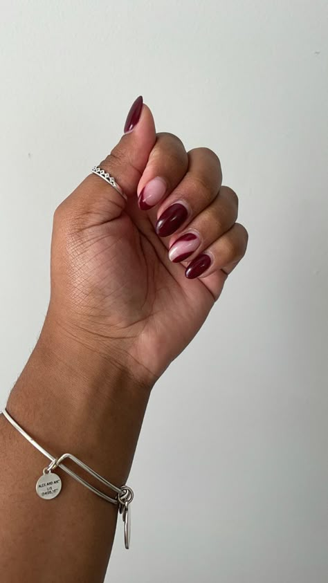 Dark Nail Designs Almond, Dark Purple Gel Nails Short, Dark Red Biab Nails, Dark Purple Maroon Nails, Burgundy Biab Nails, Autumn Nails Dark Red, Dark Purple Nails Ideas Almond, Red And Purple Nail Art, Plum Nails Design