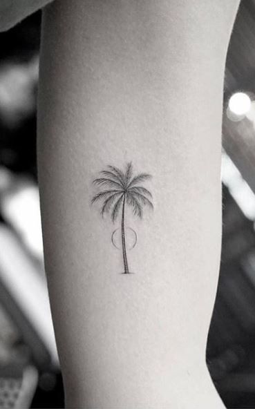 Palm Tree Micro Tattoo, Tattoos With Husband, Matching Tattoos With Husband, Tiny Palm Tree Tattoo, Fine Line Palm Tree Tattoo, Micro Tattoo Ideas, Initial Tattoos, Tree Tat, Palm Tattoo