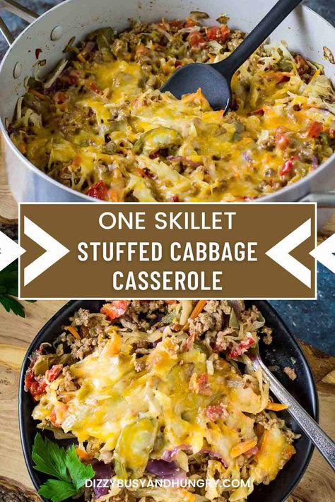 With shredded cabbage and a savory blend of delicious ingredients, this Stuffed Cabbage Casserole is the perfect low carb weeknight meal. You’ll love the combination of aromatic spices and luscious tomato sauce. Cooked to perfection, this convenient and delicious twist on stuffed cabbage rolls is sure to be a family favorite. Best of all, it�’s easy to make in one skillet in under half an hour! Stuffed Cabbage Casserole, Lazy Cabbage Rolls, Cabbage Casserole Recipes, Cabbage Roll Casserole, Stuffed Cabbage Rolls, Shredded Cabbage, Main Entrees, Hearty Dinner Recipes, Cabbage Casserole