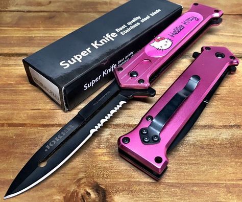 This knife is a custom made knife. | eBay! | Knife, Knife aesthetic, Pretty knives Hello Kitty Knife, Dagger Aesthetic, Knife Aesthetic, Tactical Pocket Knife, Modern Factory, Pretty Knives, Beach Icon, Pink Hello Kitty, Knife Collection