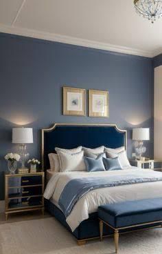 Principle Bedroom, Baby Blue Bedrooms, Blue And Gold Bedroom, Dark Blue Bedrooms, Blue Headboard, Blue Bedroom Design, Fancy Bedroom, Blue Bedrooms, Blue Bedroom Decor