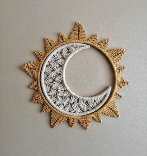 Sun And Moon Macrame Diy, Ideas For Macrame, Sun Moon Macrame, Diy Embroidery Hoop Decor, Crochet Sun Mandala, Sun And Moon Macrame, Macrame Whale Tutorial, Moon Macrame Wall Hangings, Macrame Art Diy