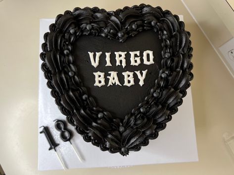 Vintage Heart cake all iced in black for a virgo baby Black Virgo Cake, Birthday 35 Years Ideas Women, Virgo Heart Cake, Virgo Baby Cake, Virgo Cake Ideas, All Black Cake, Virgo Birthday Cake, Heart Cake Birthday, Dark Cake