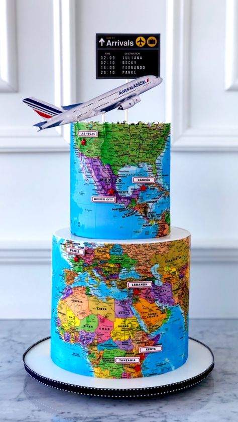 Travel / airplane / world globe cake World Map Cake Ideas, Traveling Cake Ideas, Map Cake Ideas, Globe Birthday Cake, Globe Cake Ideas, Aviation Cake Ideas, Travel Cake Ideas Birthdays, Cake Aeroplane, Around The World Cake