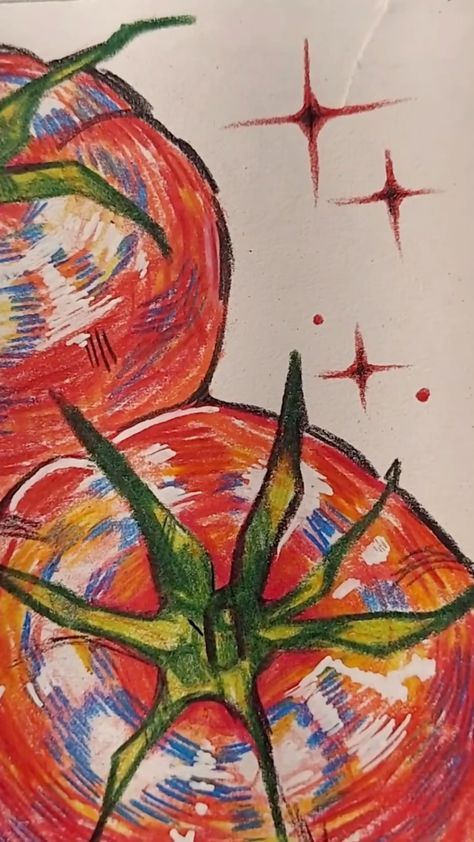 Fruit Art Aesthetic, Pen Drawing Color, Random Ideas To Draw, Colorpencils Drawing Aesthetic, Funky Art Ideas, Pencil Art Animals, Sketch Book Simple, Tomato Sketch, Sketchbook Decoration