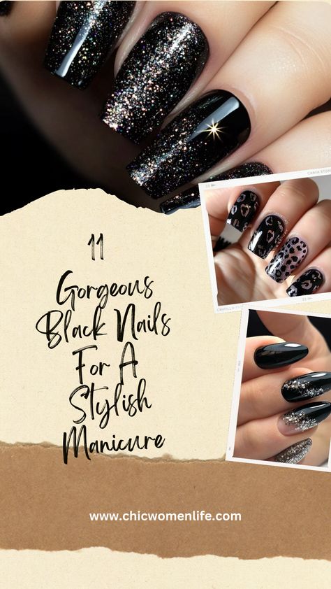 11 Gorgeous Black Nails For A Stylish Manicure Elegant Black Nails With Rhinestones, Fancy Black Nails With Gems, Black And Glitter Nail Designs, Black Nails With Black Rhinestones, Black Nails With Gemstones, Black Nails With Righnstones, Chic Manicure, Black Nails With Glitter, Vegas Nails