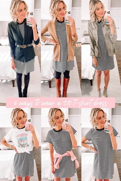 Shirt Dress With Tights, Jcrew Sweater Blazer, Pink Denim Jacket, Shaping Tights, Outfit Inspiration Women, Blazer Pink, Striped T Shirt Dress, Affordable Fashion Women, Pink Denim