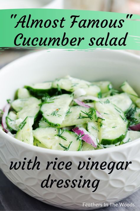 White bowl with cucumber salad, red onions and dill. Salad Dressing With Rice Vinegar, Cucumber Rice Vinegar Salad, Cucumber Tomato Salad Rice Vinegar, Cucumber Salad No Tomatoes, Cucumber Salad Rice Vinegar, Rice Wine Vinegar Cucumber Salad, Rice Vinegar Cucumbers, Rice Vinegar Salad Dressing, Vinegar Cucumber Salad