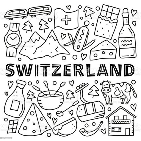 Hand drawn Switzerland icons Switzerland Drawing Easy, Switzerland Travel Journal, Swiss Tattoo Switzerland, Switzerland Coloring Pages, Switzerland Themed Party, Switzerland Sketch, Switzerland Tattoo Ideas, Switzerland Scrapbook, Switzerland Drawing