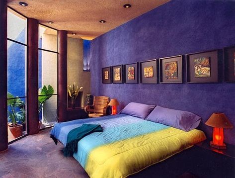 Magical Mexican vacation retreat: Casa de las Estrellas Bright Bedroom Colors, Colorful Bedroom Design, Bold Bedroom, Southwest Colors, Colorful Bedroom, Brighter Bedroom, Bluish Purple, Purple Interior, Mexican Home