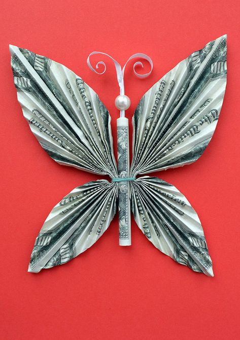 Butterfly Lei Dollar Bills, Money Dress Dollar Bills, How To Make A Butterfly Out Of Money, Butterfly Dollar Bill, Folding Money Into Flowers, Money Butterfly Origami, Origami Dollar Bills, Money Flowers Diy Dollar Bills, Money Butterflies