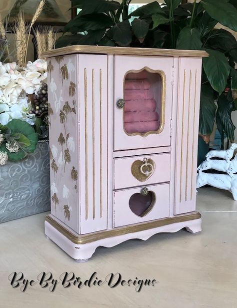 Armoire Furniture, Painted Wooden Jewelry, Large Waterfall, Furniture Decals, Box Makeover, Farmhouse Cottagecore, Jewelry Box Makeover, Vanity Shelves, Shabby Chic Jewelry