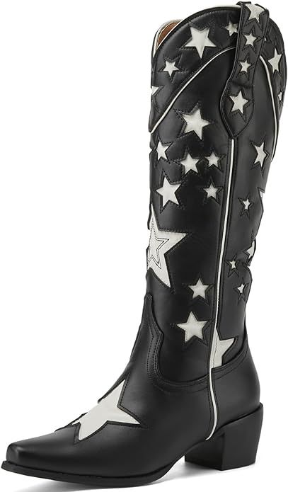 Goth Cowgirl Boots, Goth Cowboy Boots, Thick Calves, White Cowgirl Boots, Cute Cowgirl Boots, Black Cowboy Boots, Star Boots, Black And White Stars, Embroidered Boots