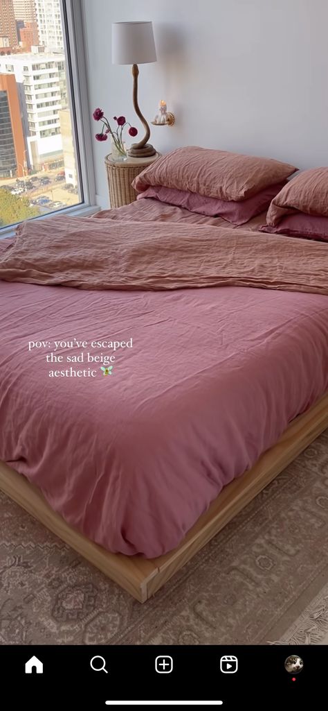 Colorful Bedding Combos, Colorful Aesthetic Apartment, Red And Pink Bedding, Cassandra Noel Home, Apartment Bedding Ideas, Pink Bedding Room Ideas, Pink Bedding Ideas, Girly Boho Bedroom, Girly Adult Bedroom