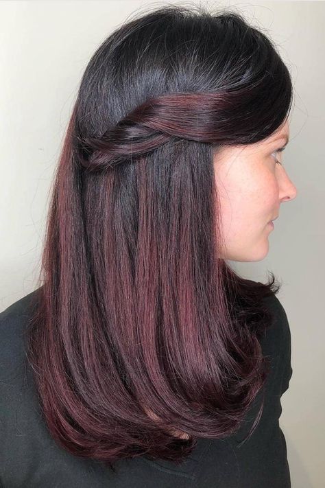 Black to Red Ombre | Black fades to a deep cherry red in this ombre style. #winter #hair #ideas #red #southernliving Winter Hair Ideas, Butter Blonde, Black To Red Ombre, Dark Red Hair Color, Red Hair Looks, Black Red Hair, Shades Of Red Hair, Gold Hair Colors, Black Hair Balayage