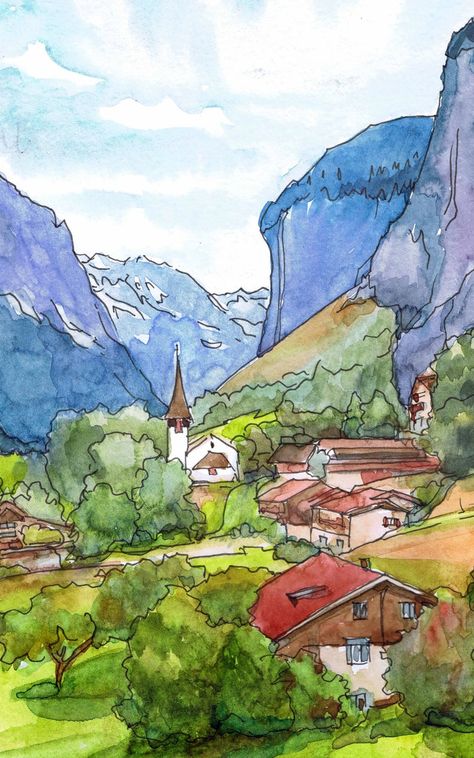 Lauterbrunnen Switzerland painting Swiss Alps Mountain Wall | Etsy Swiss Alps Painting, Watercolour Painting Mountains, Swiss Alps Tattoo, Switzerland Sketch, Aesthetic Watercolor Art Ideas, Switzerland Drawing, Switzerland Illustration, Switzerland Landscape, Mountains Drawing