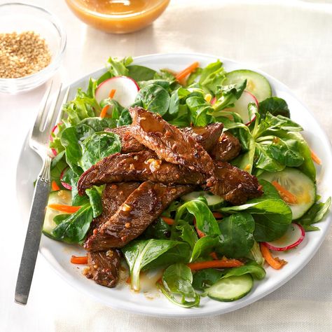 Spicy Mongolian Beef Salad Recipe -This light and loaded beef salad even satisfies my meat-lover husband. —Marla Clark, Albuquerque, New Mexico Meat Salad Recipes, Spicy Mongolian Beef, Meat Lover, Meat Salad, Beef Salad, Mongolian Beef, Steak Salad, Spicy Beef, Main Dish Salads