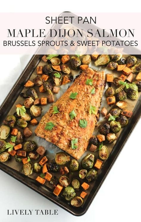 Sheet Pan Maple Dijon Salmon with Brussels Sprouts and Sweet Potatoes is an easy, healthy dinner with minimal cleanup, perfect for busy weeknights! #glutenfree #dairyfree #sheetpan #weeknightmeals #salmon #dinner| via livelytable.com Salmon Sweet Potatoes Brussel Sprouts, Sheet Pan Salmon And Brussel Sprouts, Salmon Brussel Sprouts One Pan, Salmon And Brussel Sprouts Sheet Pan, Salmon Brussel Sprouts, Maple Dijon Salmon, Brussels Sprouts And Sweet Potatoes, Salmon Packets, Dijon Salmon