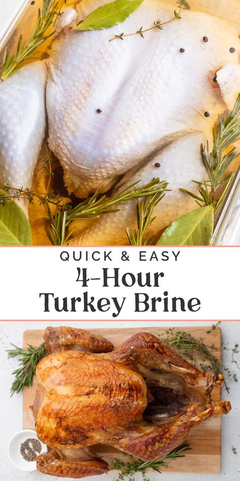 Short on time amid all the holiday hoopla? This quick turkey brine is ridiculously easy to throw together and gives you a juicy, flavorful turkey in a fraction of the time needed for a traditional brine. With fragrant aromatics like fresh rosemary, fresh thyme, and whole peppercorns, and plenty of salt to really lock in those flavors and juices. Easy Turkey Brine Recipes Simple, Brine For 20lb Turkey, Turkey Brine Recipes Easy Pioneer Woman, Quick Turkey Brine Recipes Easy, Basic Turkey Brine, Dry Turkey Brine Recipes Easy, Easy Turkey Brine Simple, Easy Brine For Turkey, Alton Brown Turkey Brine