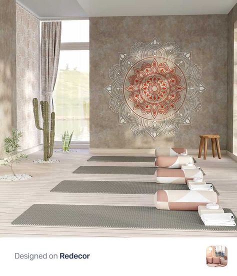 Yoga Studio Wallpaper, Yoga Studio Lobby, Yoga Room Architecture, Stair Wall Design, Wall Mural Yoga Spa Room, Yoga Architecture Meditation Space, Sala Yoga, Yoga Studio Design Ideas, Spa Massage Room